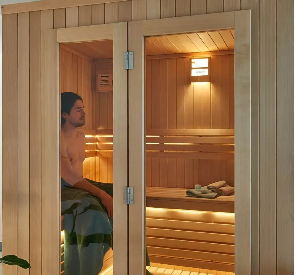  A man sitting in a sauna, wrapped in a towel, enjoying the warm, steamy environment.