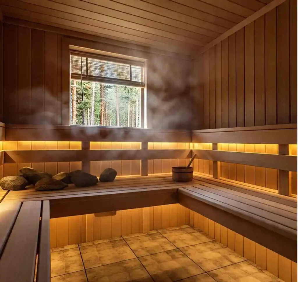 A sauna room filled with steam, showcasing warm wooden walls and benches, creating a relaxing atmosphere.