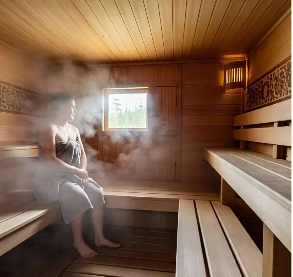 A person wrapped in a towel sits in a wooden sauna, enveloped in steam, gazing outside a small window. The ambiance is warm and relaxing.