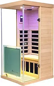The best 1 person sauna, a wooden infrared model with a glass door, illuminated by a serene purple light.