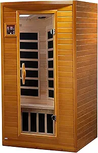 Wooden infrared sauna with a glass door and digital control panel. Interior features black heating panels and a wooden bench, conveying relaxation.