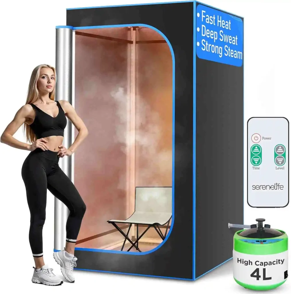 A sleek portable steam sauna with a control panel, accompanied by a green steam generator, set against a stylish, misty backdrop.
