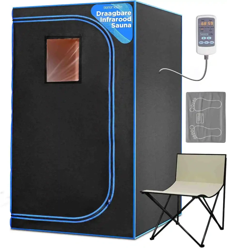 A portable infrared sauna in black with blue accents, featuring a small window, digital control panel, foldable chair, and a foot mat for relaxation.
