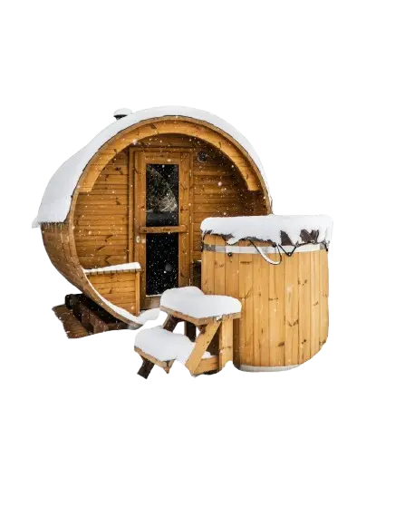 An outdoor sauna guide featuring a wooden sauna with a hot tub and bench, designed for a serene wellness retreat.