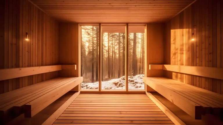 A sauna room with wooden benches and large windows, illustrating a relaxing space where you can enjoy heat sessions—learn how long you can safely be in a sauna.