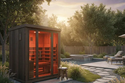 A sunlit backyard features the best infrared sauna, glowing warmly beside a stone path that leads to a jacuzzi and lounge chairs, all surrounded by lush greenery.