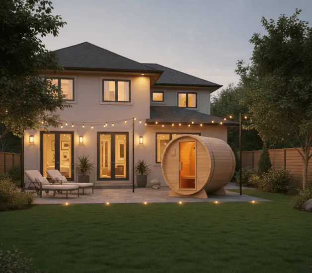 A cozy backyard at dusk featuring the best 1 person sauna, a wooden barrel model, surrounded by string lights, lounge chairs, and lush trees.