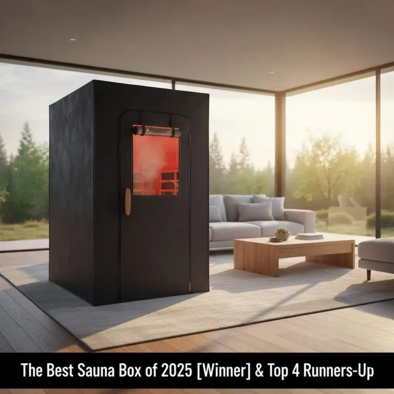 A modern black best sauna box with a red-lit interior, steaming in a sunlit, minimalist room surrounded by trees.