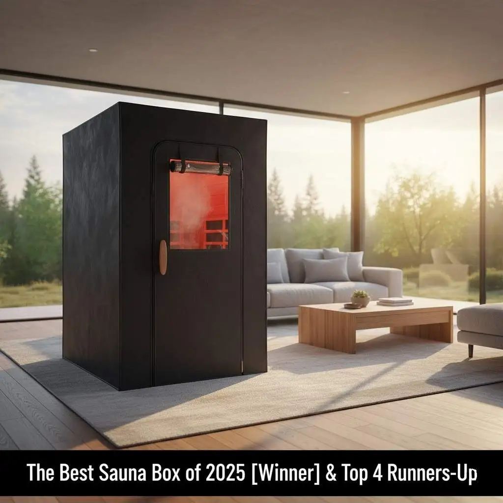 A modern black best sauna box with a red-lit interior, steaming in a sunlit, minimalist room surrounded by trees.