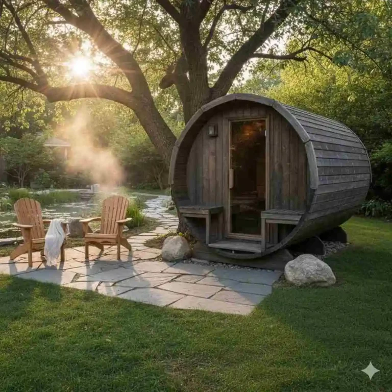 A picturesque backyard scene featuring a traditional wooden barrel sauna nestled on vibrant green grass beneath a large tree, embodying the ideal 'best outdoor traditional sauna' experience.