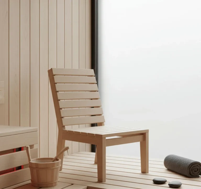 Minimalist sauna with light wood slatted chair, soft light from a frosted window. Wooden bucket, rolled towel, and smooth stones enhance the serene vibe.